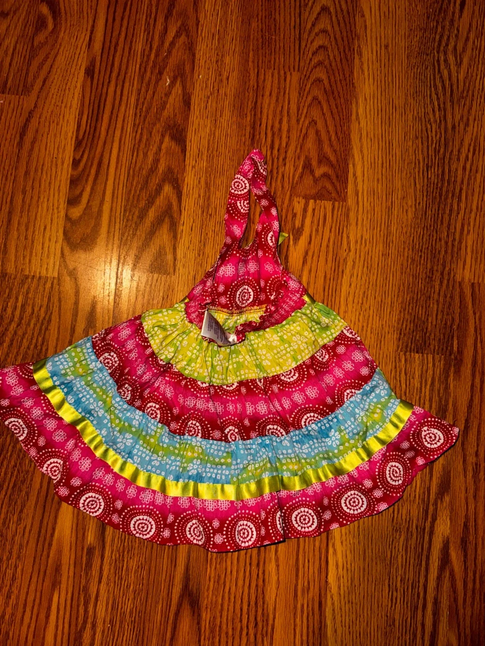 Blueberi Boulevard Pink, Green & Blue Tiered Halter Dress with Lime Ribbon
